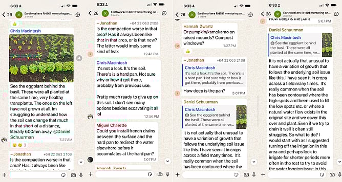 Image of Earthworkers WhatsApp "Living Classroom" trouble shooting a soil issue. New Zealand.