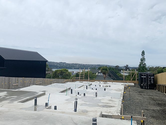 Foundations poured for the Highgate Ridge, Māori Hill Townhouse Collection by MJW Homes. Dunedin, Otago NZ