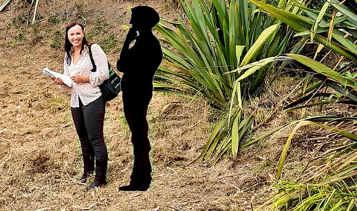 Award winning garden designer, Kerry Speirs, doing an onsite garden design consultation in Auckland, New Zealand with an unknown client.