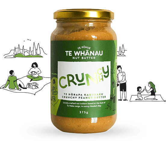 Crunchy peanut butter made by Te Whanau Nut Butter company. Label graphic design by Natalie White