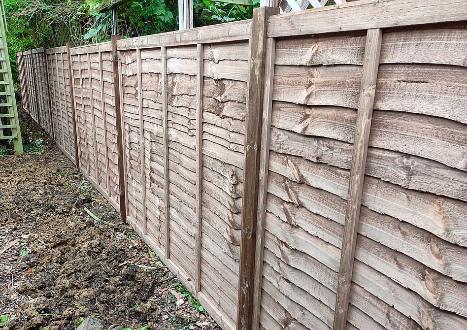 Image shows a run of overlap fence panels fitted to timber posts set into concrete foundations. This fence is aprt f a garden boundary between properties