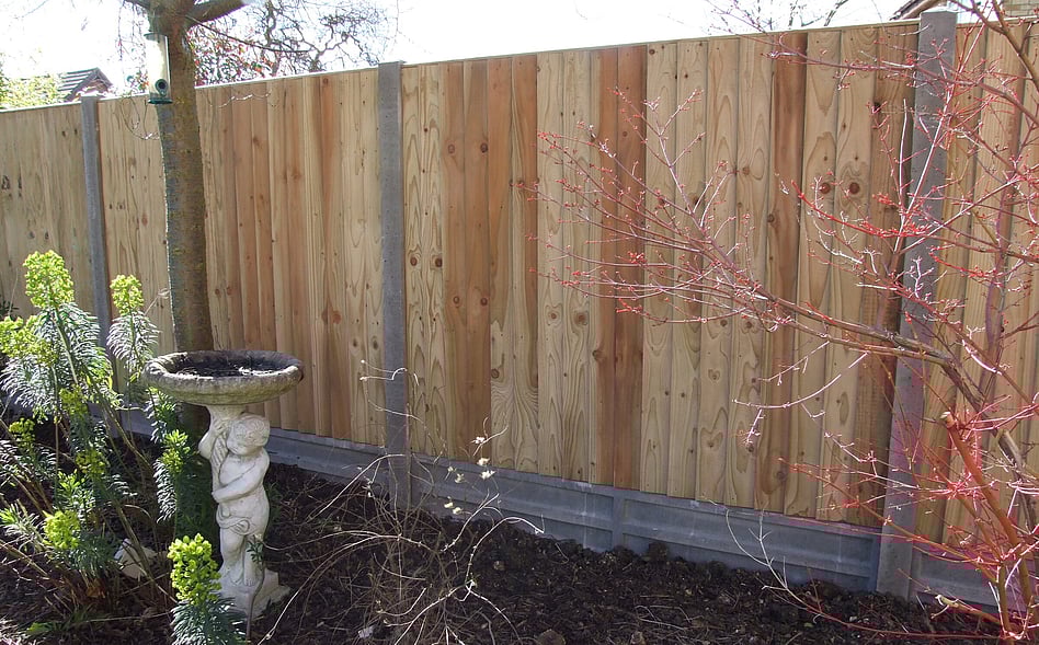 Image shows a short run of Closeboard panels fitted to slotted concrete posts and standing on a 12" concrete gravel board. This is a garden fence between two properties.