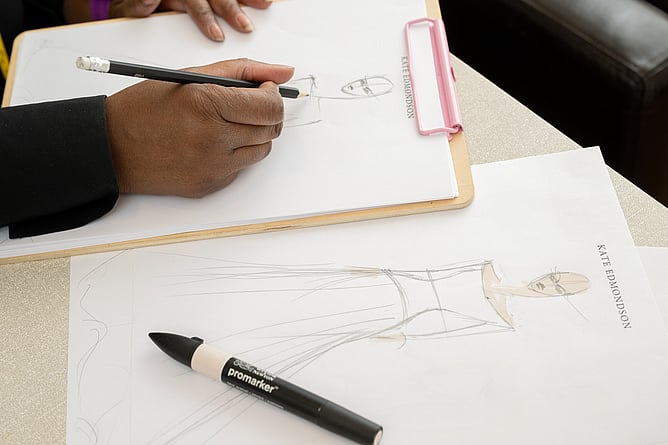 initial design sketch for Myfanwy's bespoke wedding dress design, off the shoulder neckline wedding dress