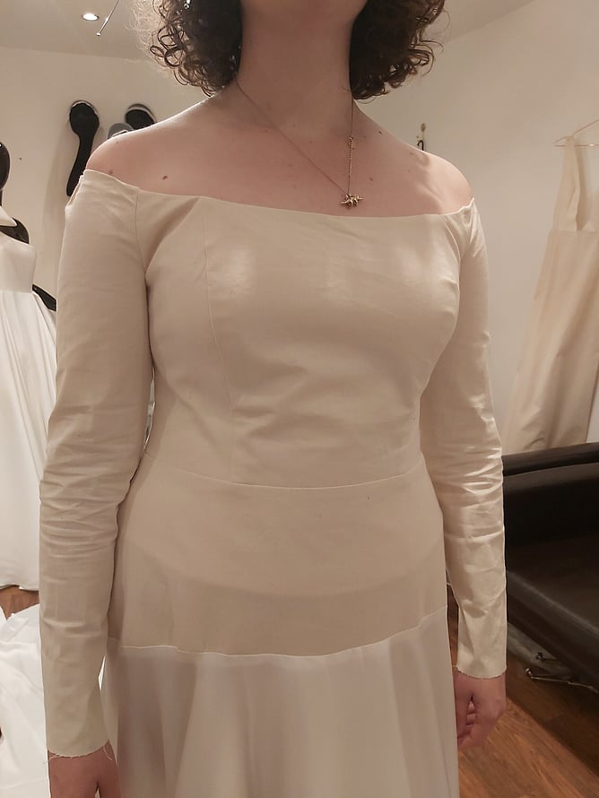 Calico toile for bespoke wedding dress, showing structured bodice and clean lines