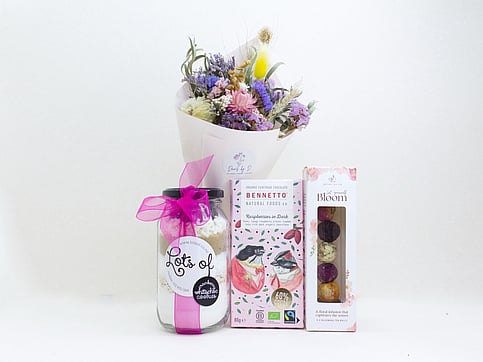 nz made chocolates, dried flowers and a blooming tea