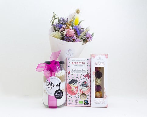 nz made chocolates, dried flowers and a blooming tea