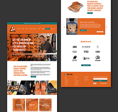 Website design for Footwear and Apparel NZ showcasing workwear and footwear for tradespeople, with sections for product categories, featured brands, and catalogue download