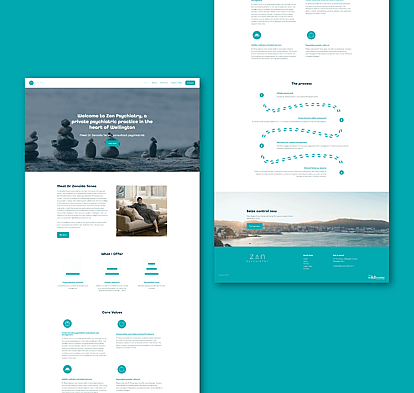 Mockup of the Zen Psychiatry website featuring a serene, minimalistic design with teal highlights, presented on a teal background