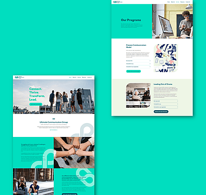 A mockup of the Ultimate Communication Group (UCG) website design with clean, modern elements and teal accents, displayed on a teal background