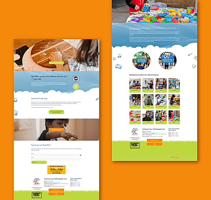 A mockup of the Hutt City Kindergarten website featuring bright, playful colours and educational visuals, set against a vibrant orange background