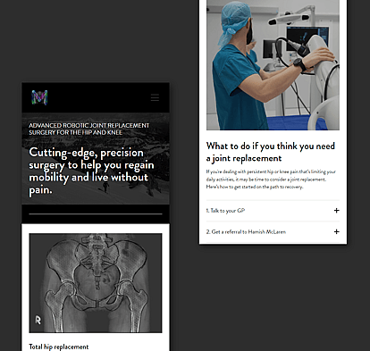 A mockup showcasing the Hamish McLaren website design, featuring an X-ray image on the left and a photo of him operating a machine with surgery details below, set against a dark grey background