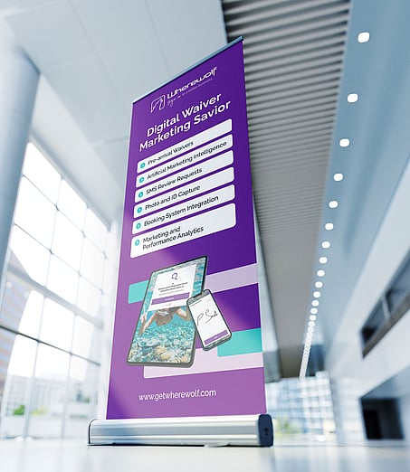 Purple pull-up banner advertising Digital services in a modern office hallway.