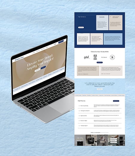 A laptop and website design mockup on a light blue textured background..
