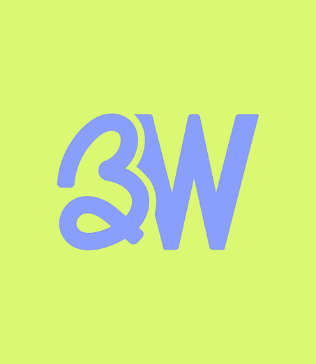 Simple, stylised lilac 'BW' logo on a bright lime green background.
