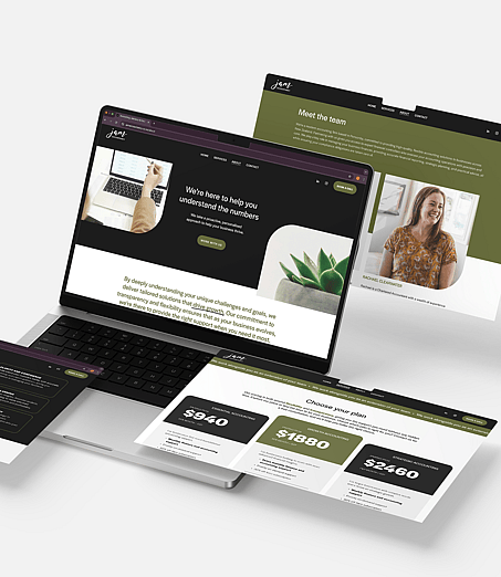 Jam Accounting website design mockups and pricing options displayed across multiple screens.