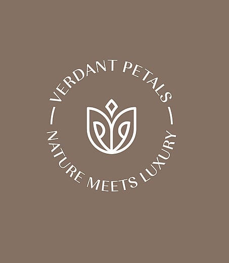 Verdant Petals white logomark on a brown background