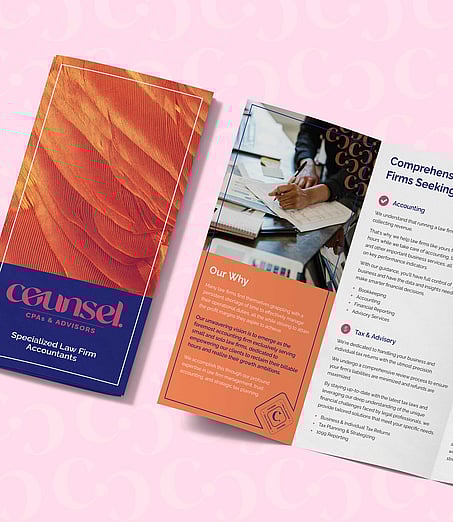 Open tri-fold brochure for 'Counsel CPAs & Advisors' in orange, blue, and white.