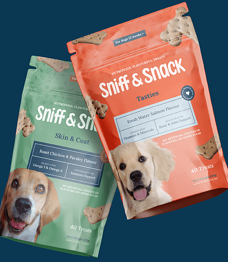 Pet food packaging design for 'Sniff & Snack' featuring a golden retriever puppy.