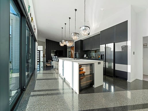 Kitchen area, glass windows. Defender house