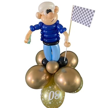 Caricture of man with beer bottle and racing flag for 80th | Character Balloons Tauranga