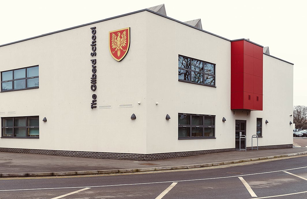 External photo of The Gilberd School showcasing school signage installed for them by Esign