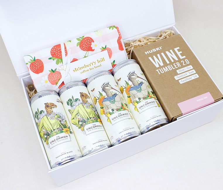 nz wine cans, HUSKI wine tumbler and nz teatowel gift