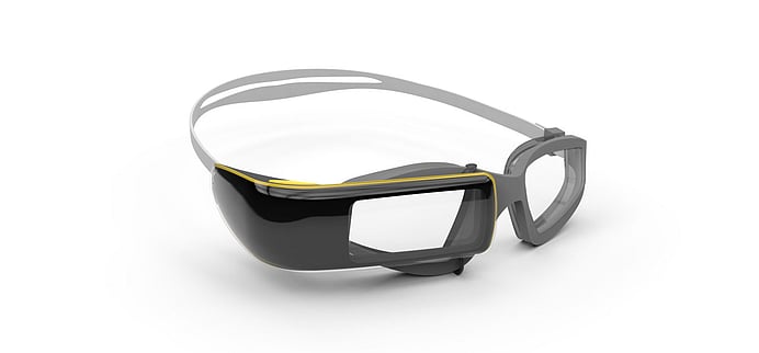 SwimAR attached to a pair of regular goggles