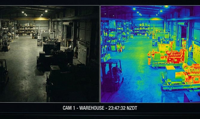 Side-by-side view from a CCTV camera comparing standard footage and thermal imaging in a warehouse, highlighting people and machinery heat for night monitoring.