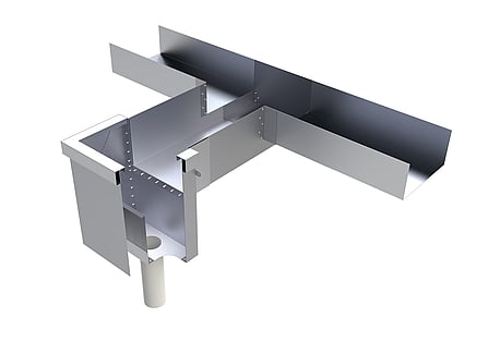 "T" SIDE OUTLET ALLOWS TWO BOX GUTTERS TO FLOW TO ONE DISCHARGE POINT