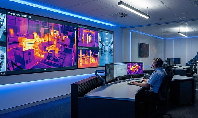 Security operator monitoring thermal feeds from a CCTV camera in a control room, using heat maps to detect equipment overheating and intrusions across sites.