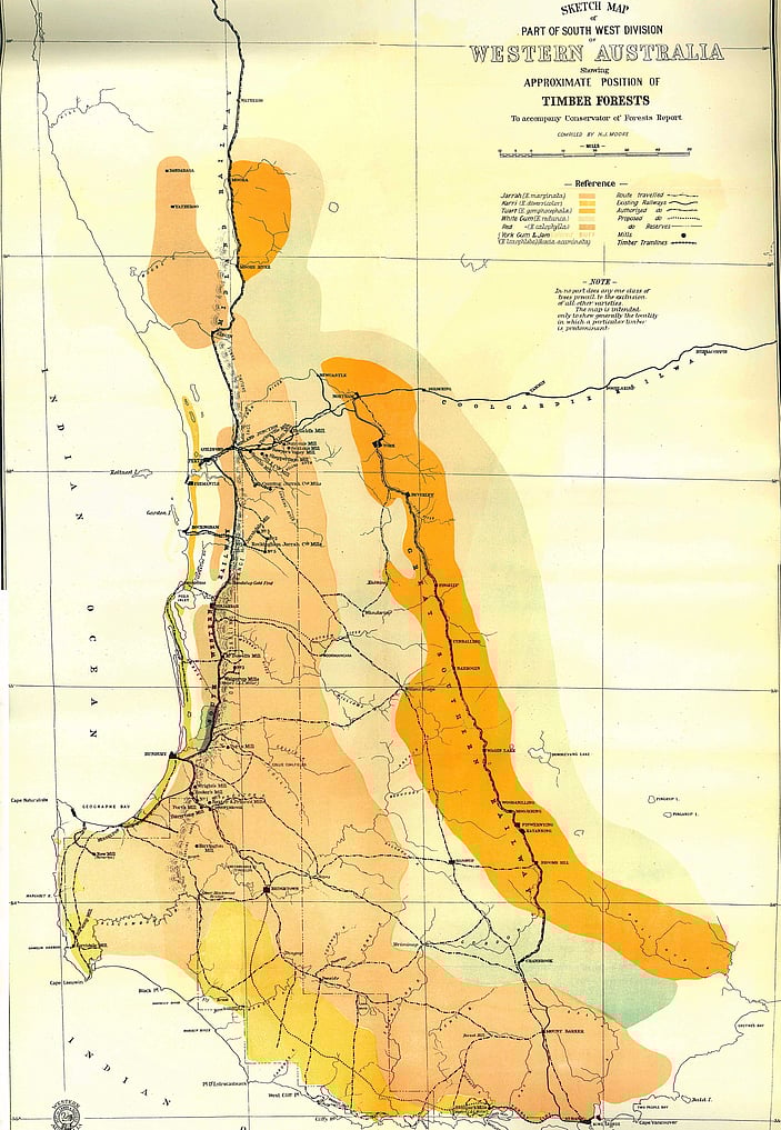 Sketch map by John Ednie-Brown of timber Forests of Southwest WA