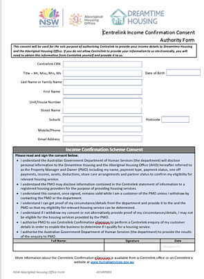 Rent Subsidy - Centrelink Consent Form