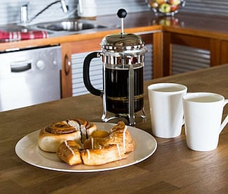 kitchen bench with coffee and cake