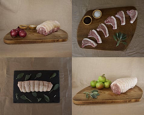 composite image of 4 photos showing joints of pork leg, shoulder, belly pork and chops with a variety of accompaniments like apples, onions, salt, pepper and sage