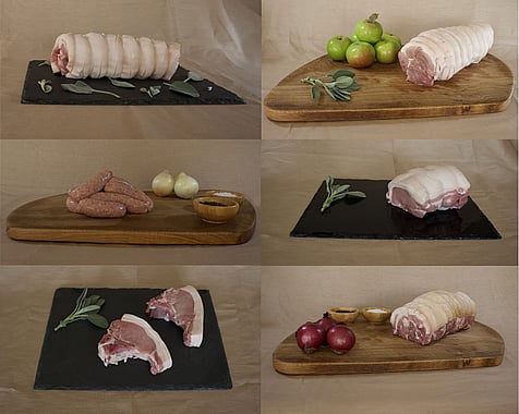 composite image of 6 photos showing pork roasting joints, chops and sausages shown on slate or wooden boards, with onions, apples, salt & pepper