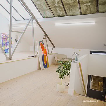 Featured in this photo is the 'Skyline' studio; bright, spacious, high ceiling with skylights. Sizes range from 300 - 520 sqft. 