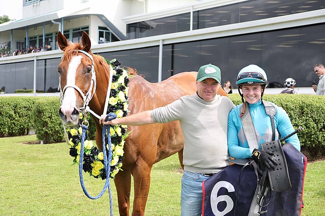 Trainer Clinton Isdale and jockey Elen Nicholas pictured with Knights Realm following their victory in the Gr.3 Denis Wheeler Earthmoving Taranaki Cup (1800m). Photo: Jane Davidson (Race Images) - Photo: Jane Davidson (Race Images)