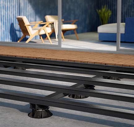 3D render showing an elevated decking system with aluminium subframe and adjustable pedestals