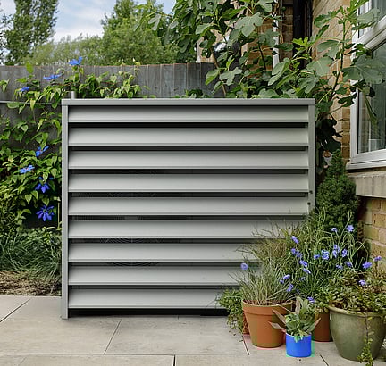 D render of an outdoor aluminium louvred enclosure installed in a residential garden setting