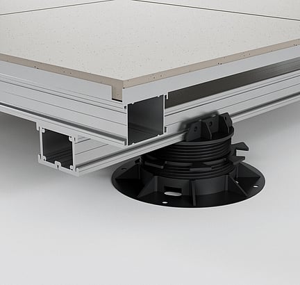 3D product render showing a close-up of an adjustable pedestal and aluminium framing system