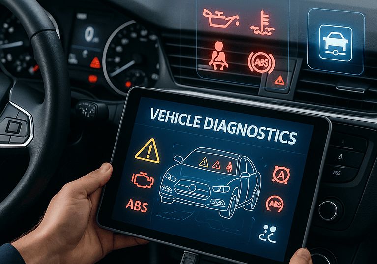Mechanic performing vehicle diagnostics on dashboard systems including airbags, ABS, traction control, and engine management in Penrith