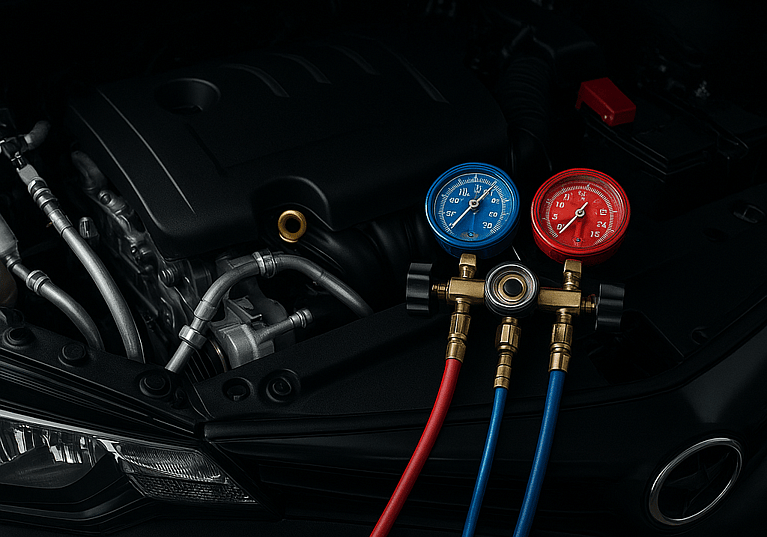 Auto electrician servicing car air conditioning system including regas, leak detection, hose repair, and climate control diagnostics in Penrith