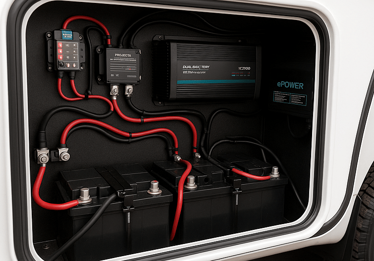 Auto electrician installing caravan towing setup with electric brake controller, Anderson plug, 12-pin wiring, and dual battery system in Penrith