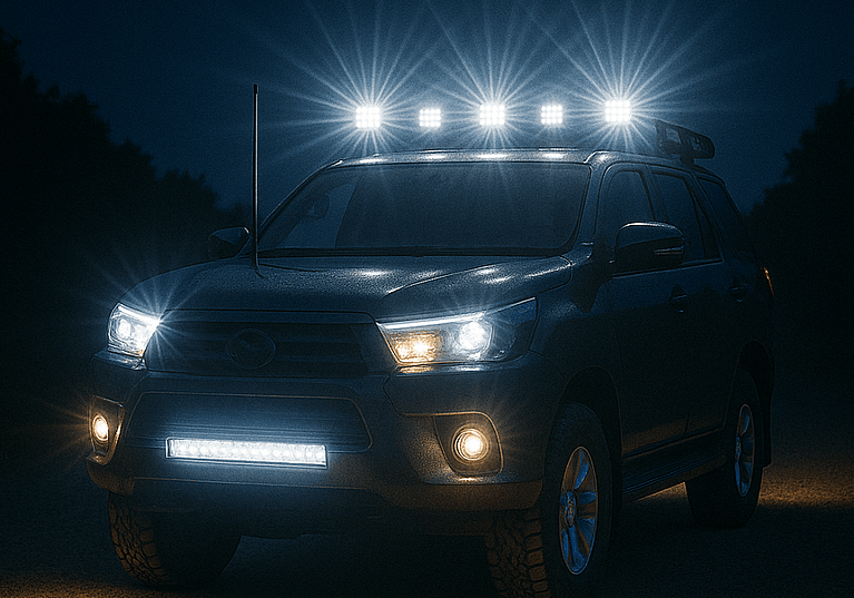 Auto electrician fitting LED light bars, trailer lighting, interior and exterior lighting upgrades, and custom accessory wiring in Penrith