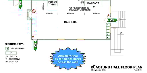 The floor plan of the Kūaotunu Hall showing the interior spaces in the hall together with their measurements and the location of emergency exits