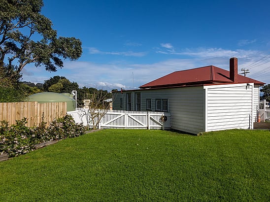View of the north side of the Kūaotunu Hall, as seen from Irishtown Rd