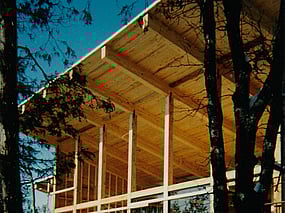 Construction progress view from Southeast showing heavy timber cedar post & beam construction with pine tongue & groove roof decking. 
