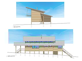 Modern heavy timber post and beam house. Rendered elevations.