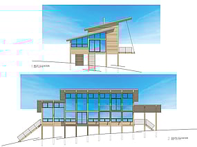 Modern heavy timber post and beam house. Rendered elevations.