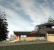 3D Model: View from North looking down from top of slope to sheltered deck at lower level.